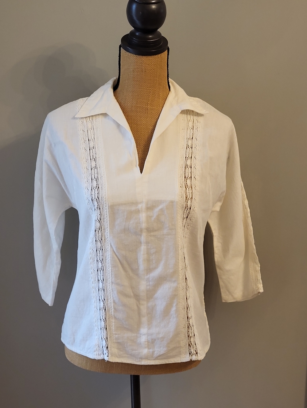 Martha Of Taos Originals 1960s Ivory Cotton Blouse Lace Insets Small